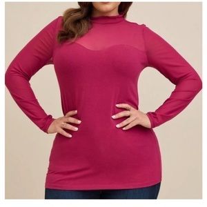 Plus Size Stretch Mesh Foxy Mock Neck Long Sleeve Top Berry